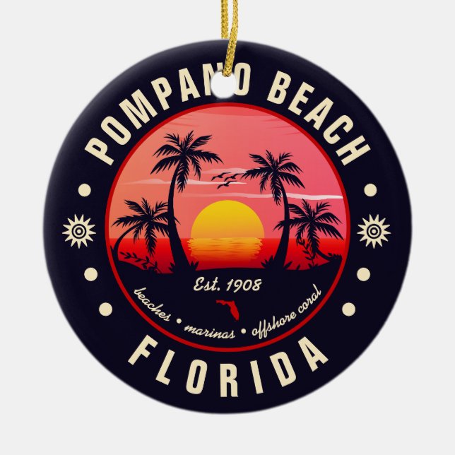 Pompano Beach Florida Retro Sunset Souvenir Ceramic Ornament (Front)