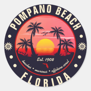 Pompano Beach Florida Retro Sunset Souvenir Classic Round Sticker