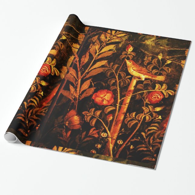 POMPEII COLLECTION NIGHTINGALE WITH ROSES , Red Wrapping Paper (Unrolled)