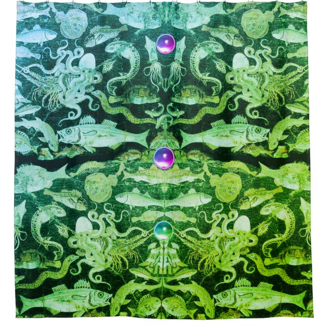 POMPEII COLLECTION / SEA LIFE Nautical Green Shower Curtain (Front)