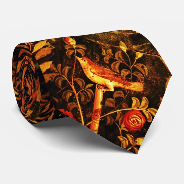 POMPEII GARDEN,NIGHTINGALE,ROSES,Yellow Brown  Tie (Rolled)