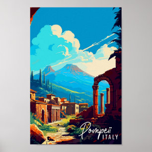 Pompeii Italy vintage travel illustration Poster