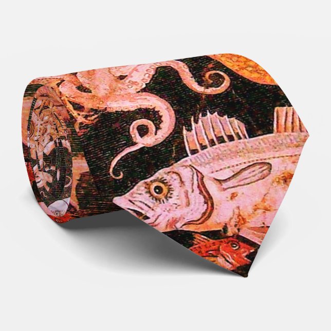 POMPEII OCEAN -SEA LIFE SCENE Antique Red Tie (Rolled)