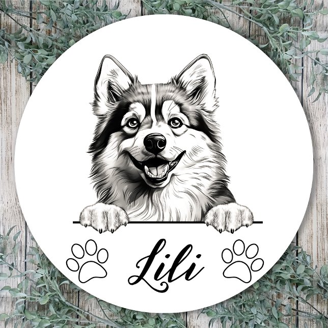 Pomsky Dog Hand Drawing Personalised Classic Round Sticker (Creator Uploaded)