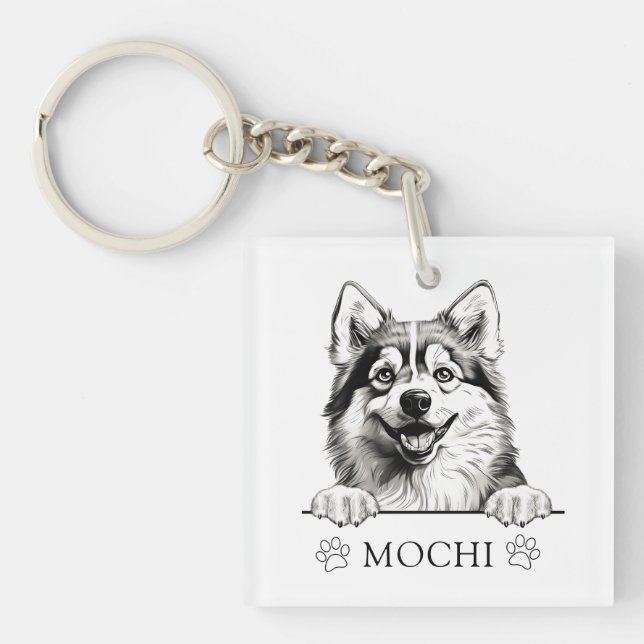 Pomsky Dog Hand Drawing Personalised Key Ring (Front)