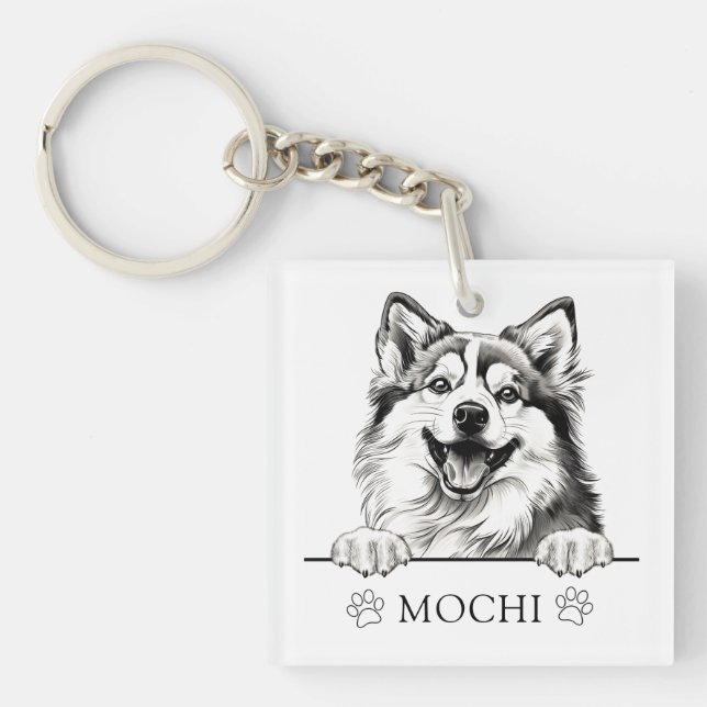 Pomsky Dog Hand Drawing Personalised Key Ring (Front)