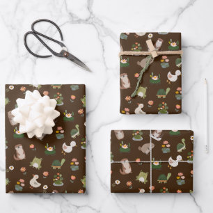 Pond Animals & Lily Pads on Dark Brown Wrapping Paper Sheet