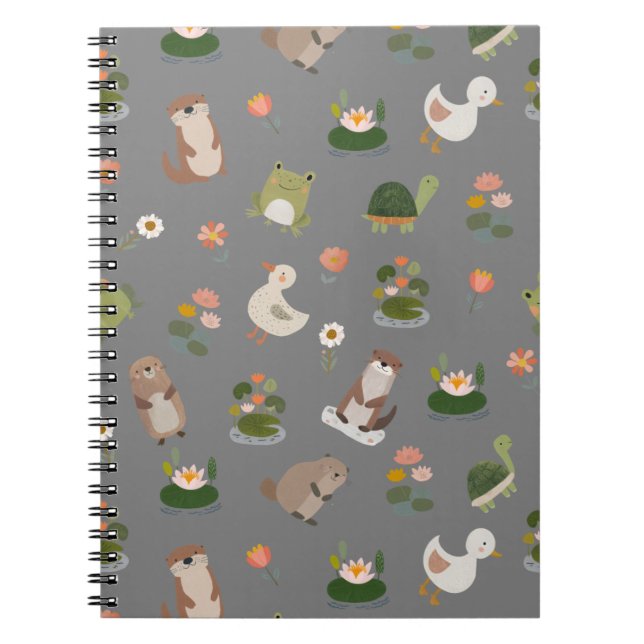 Pond Animals & Lily Pads on Grey Notebook (Front)