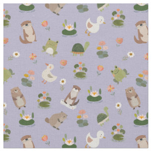 Pond Animals & Lily Pads on Pale Grey-Purple Fabric
