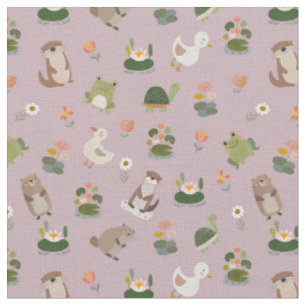 Pond Animals & Lily Pads on Pastel Grey-Pink Fabric