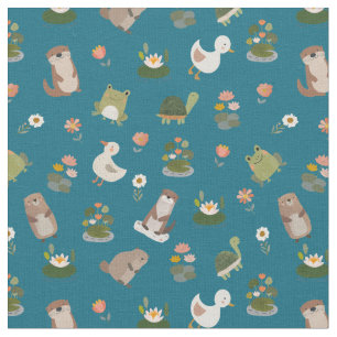 Pond Animals & Lily Pads on Teal Fabric