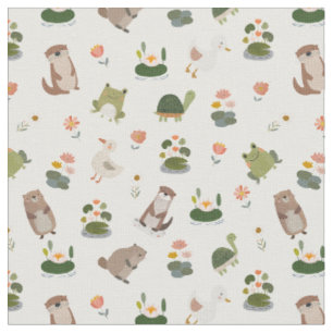 Pond Animals & Lily Pads on White Fabric