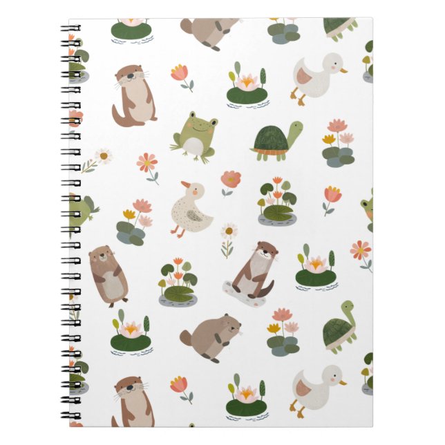 Pond Animals & Lily Pads on White Notebook (Front)