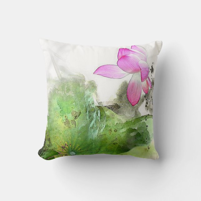 POND LOTUS l Chinese Brush Painting Art Cushion (Front)