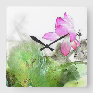 POND LOTUS l Chinese Brush Painting Art Square Wall Clock