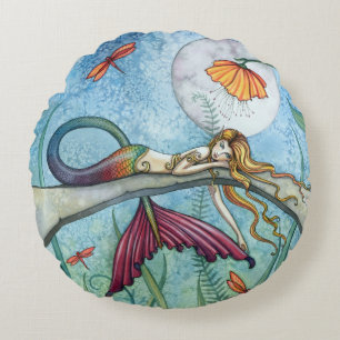 Pond Mermaid Fantasy Art by Molly Harrison Round Cushion