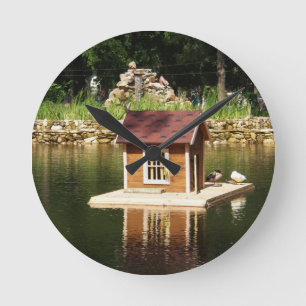 Pond  with bird house round clock