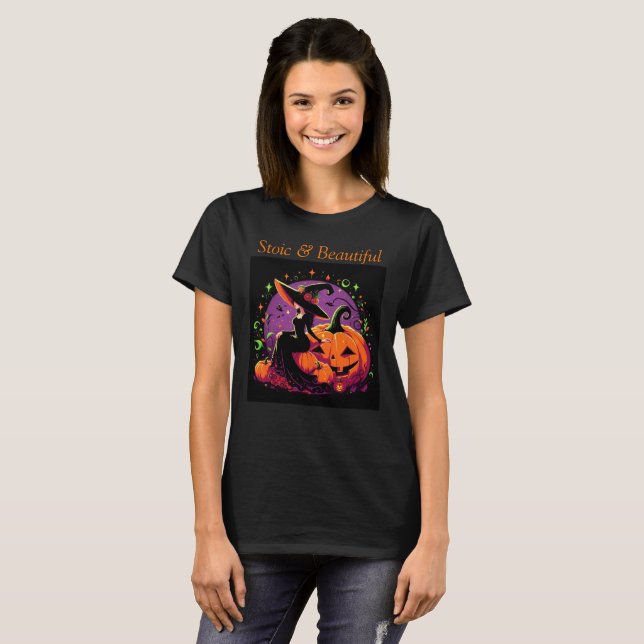 Pondering Witch Sitting on a Pumpkin T-Shirt (Front Full)