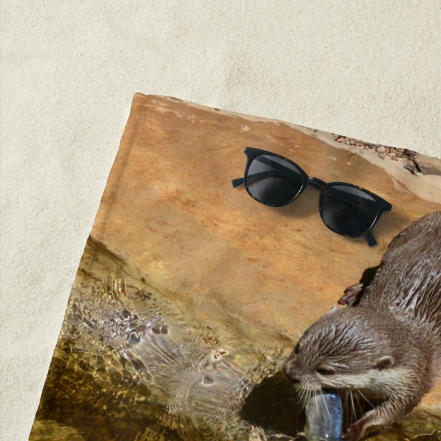 **"Pondside Feast: An Otter and His Catch"** Beach Towel (In Situ)