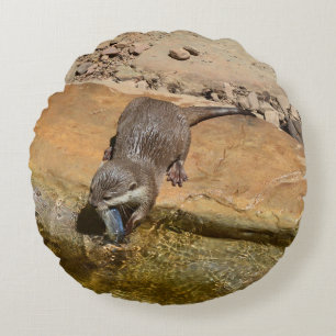 **"Pondside Feast: An Otter and His Catch"** Round Cushion