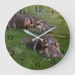 **"Pondside Play: Two Hippos Swimming Together"** Large Clock