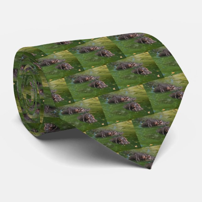 **"Pondside Play: Two Hippos Swimming Together"** Tie (Rolled)