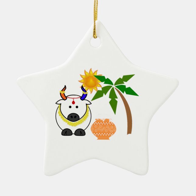 Pongal Pot, Cow, and Tree Ceramic Tree Decoration (Front)