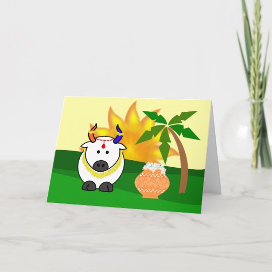 Pongal Pot Cow And Tree Greeting Card Zazzle Com Au