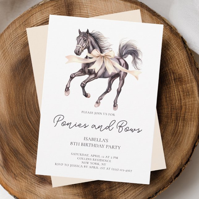 Ponies and Bows Black Horse 8th Birthday Party Invitation (Ponies and Bows Black Horse 8th Birthday Party Invitation)