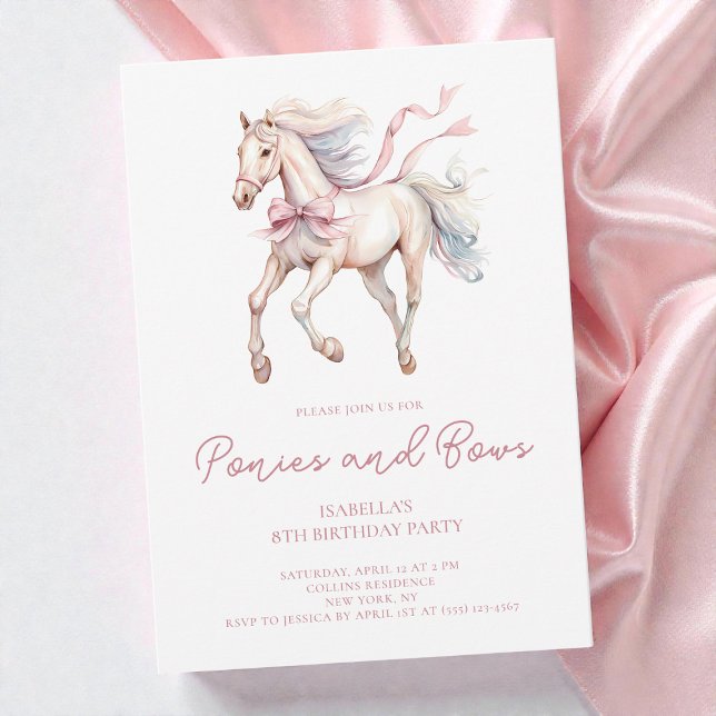 Ponies and Bows Pink Watercolor 8th Birthday Party Invitation (Ponies and Bows Pink Watercolor 8th Birthday Party Invitation)