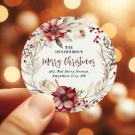 Ponsietta Christmas Wreath Return Address  Classic Round Sticker<br><div class="desc">Take the strain off sending out Christmas holiday cards this year with these festive red ponsietta christmas wreath return address labels. Featuring a watercolor wreath of red ponsietta flowers,  berries and botanical foliage. The calligraphy script and a return address label template is easy to customise.</div>