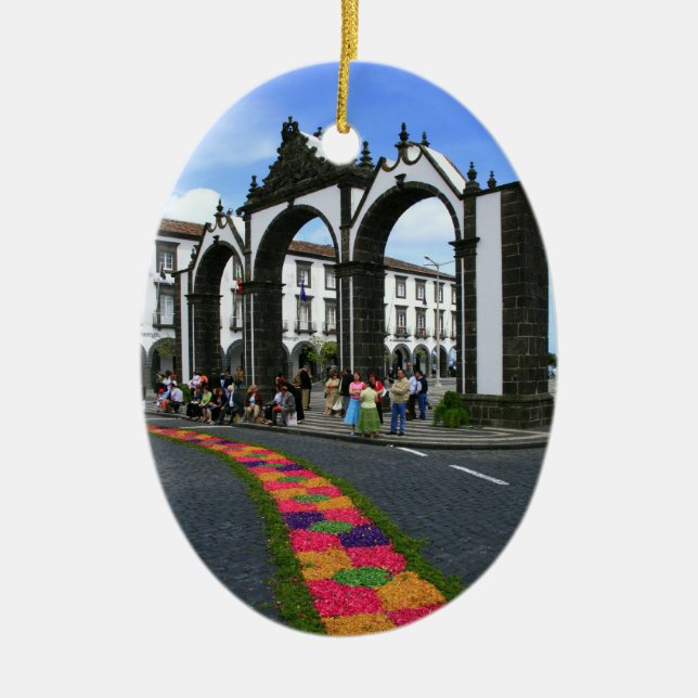 Ponta Delgada city gates Ceramic Tree Decoration (Front)