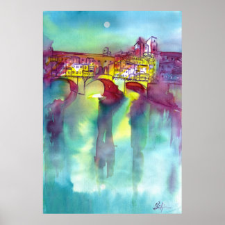 PONTE VECCHIO Florence by Night Watercolor Poster