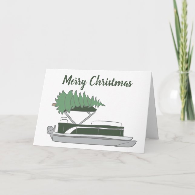 Pontoon Boat with Christmas Tree on Top Holiday Card (Front)