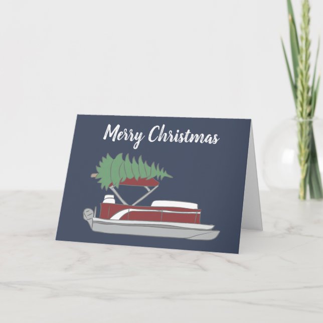 Pontoon Boat with Christmas Tree on Top Holiday Card (Front)