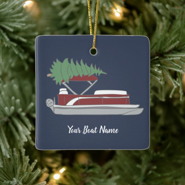 Pontoon Boat with Christmas Tree on Top Holiday Ceramic Ornament (Tree)