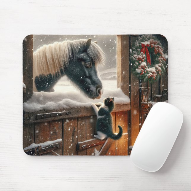 Pony and Kitten In Christmas Barn Mouse Pad (With Mouse)