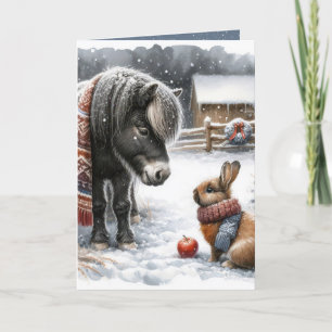 Pony and Rabbit On Christmas Farm Holiday Card