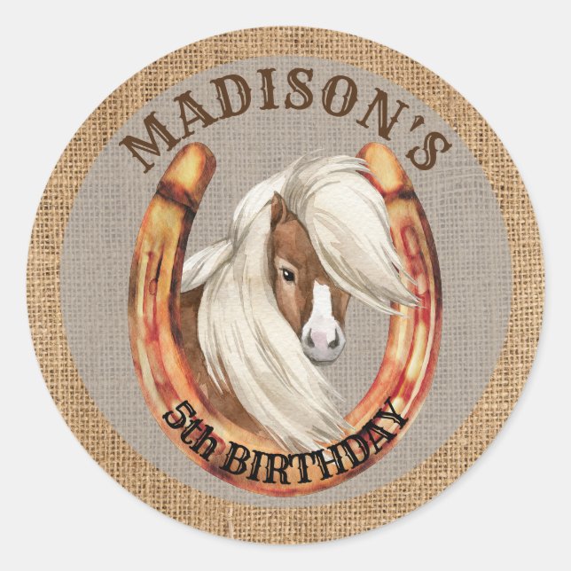 Pony birthday giddy up cowgirl cowboy party classic round sticker (Front)