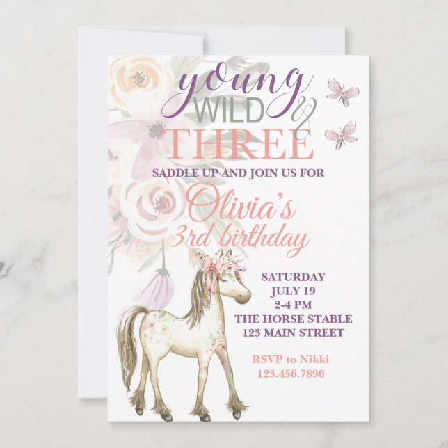 Pony birthday invitation young wild and three (Front)
