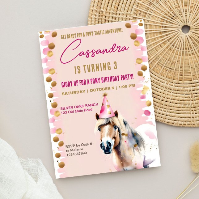 Pony birthday party cute pony gold sprinkles invitation (Pony birthday party template invitation digital download cute pony horse wearing party hat gold pink)
