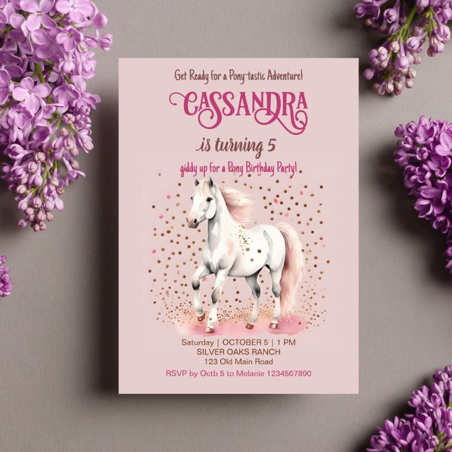 Pony birthday party white horse rose sprinkles invitation (Pony birthday party template invitation instant digital download white horse rose gold sprinkles)