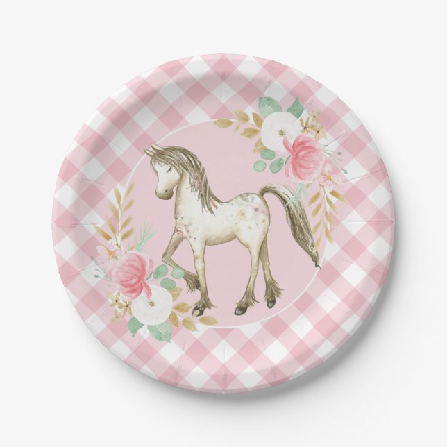 Pony floral and plaid Birthday Party plates (Front)