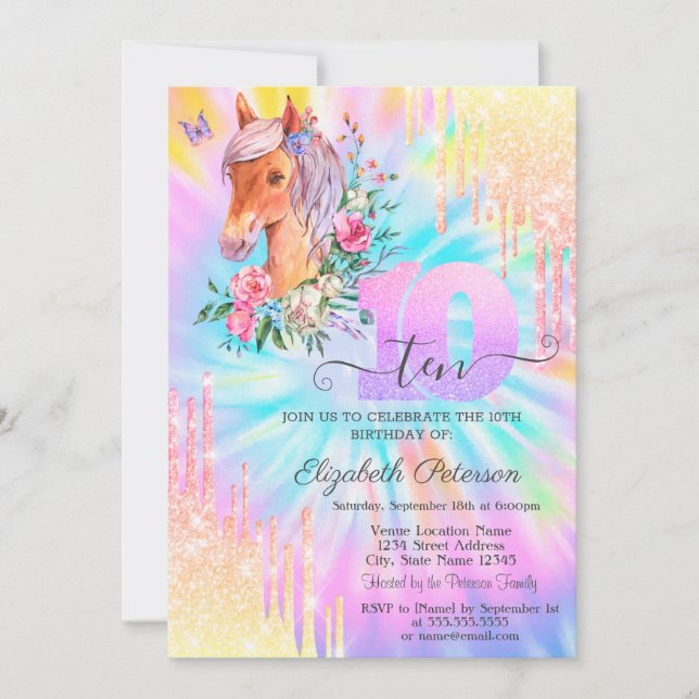 Pony Floral Glitter Drips Tie Dye 10th Birthday  Invitation (Front)