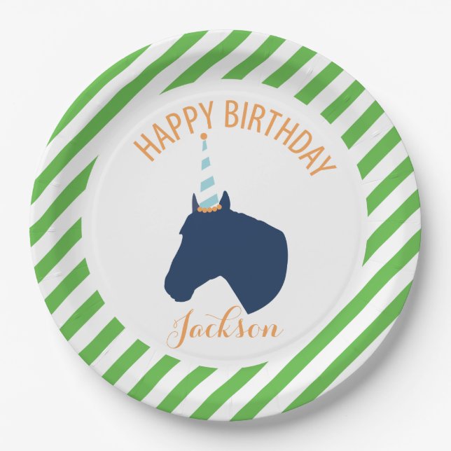 Pony Party Personalised Paper Plate Green (Front)