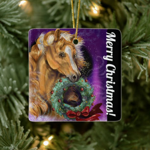 Pony with Christmas Wreath Ceramic Ornament