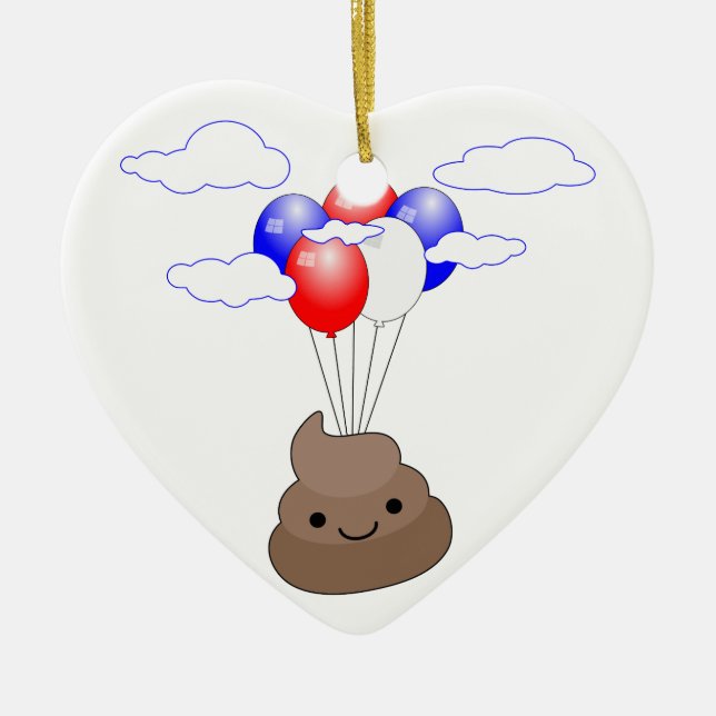 Poo Emoji Flying With Balloons Ceramic Ornament (Front)