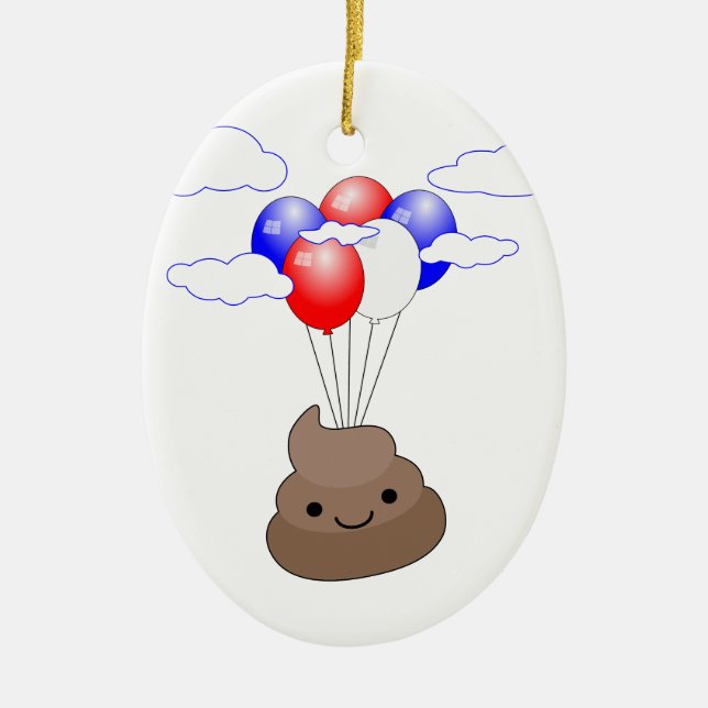 Poo Emoji Flying With Balloons Ceramic Tree Decoration (Front)