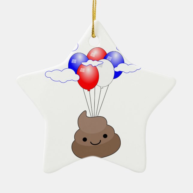 Poo Emoji Flying With Balloons Ceramic Tree Decoration (Front)