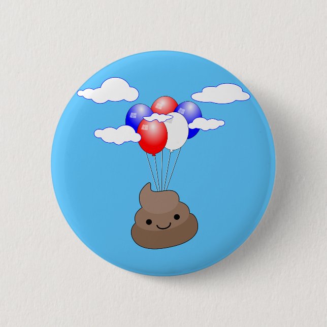 Poo Emoji Flying With Balloons In Blue Sky 6 Cm Round Badge (Front)